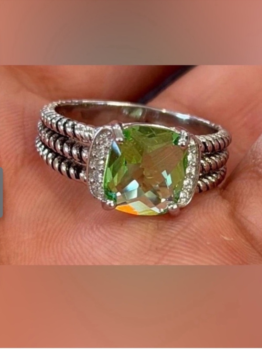 David Yurman Sterling Silver Petite Peridot & Diamond Wheaton Ring Size 6.5